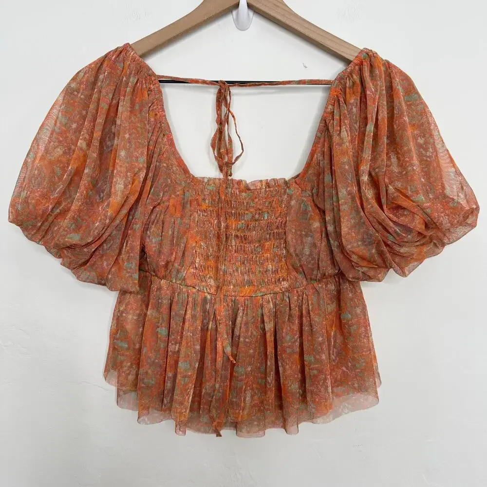 Free People Penelope Blouse Smocked Peplum Dark Orange Mesh Puff Sleeve Top  XS